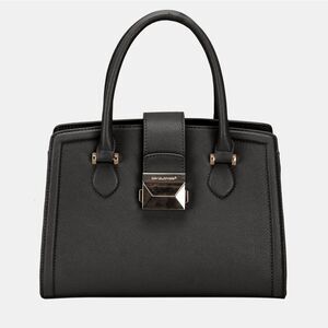 David Jones PU Leather Handbag Elegant Black Shiny Buckle Medium Square Purse